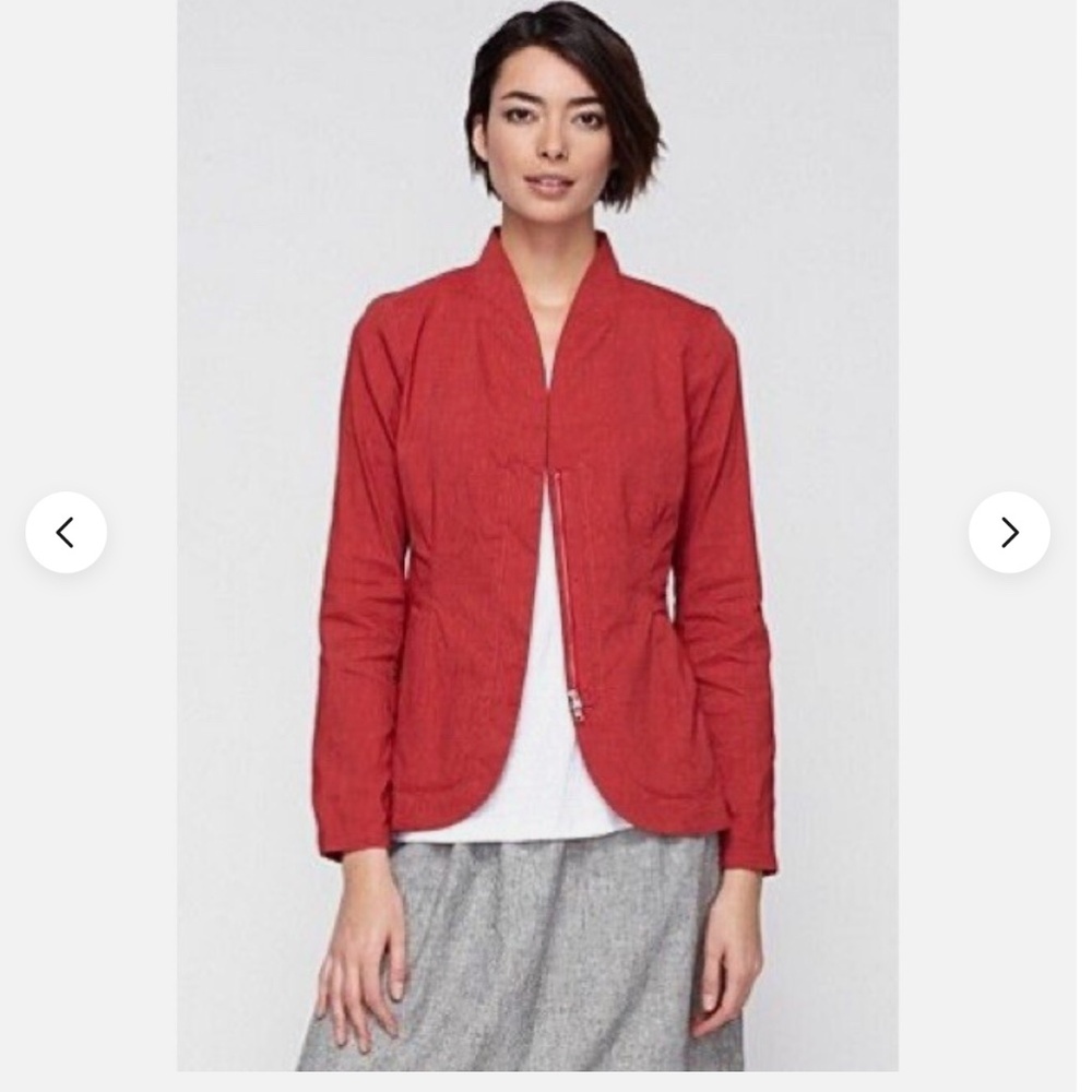 Eileen Fisher Red Linen Blazer L Minimalist Preppy Lightweight Lagenlook Easter
